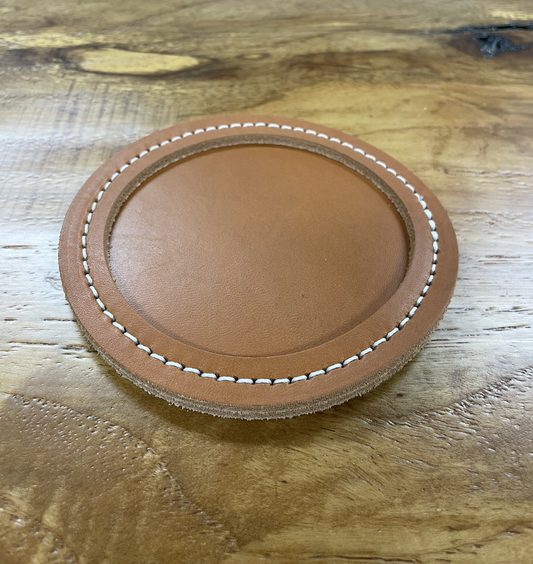 Bridle Leather Round Coaster with No-Drip Stitched Edge